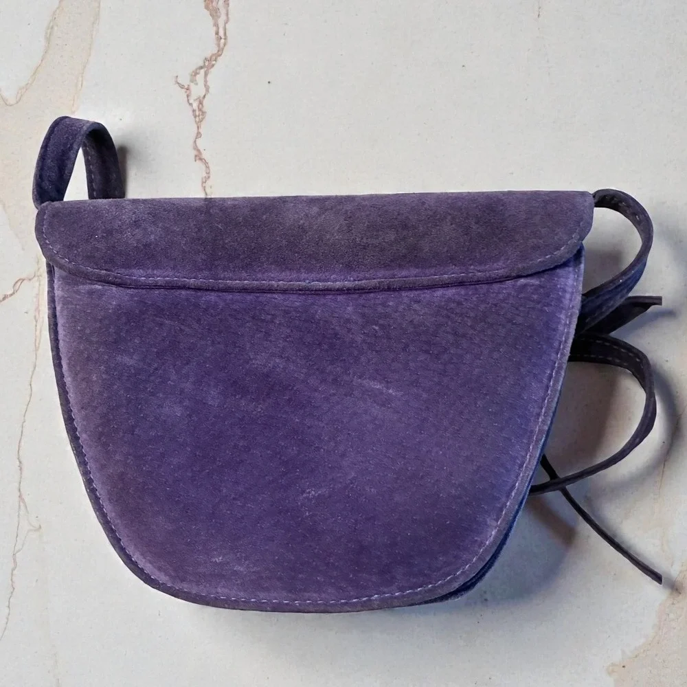 Vintage 80s La Bon Bag Purple Suede Geometric Crossbody Purse Sunburst Medallion - Picture 3 of 8